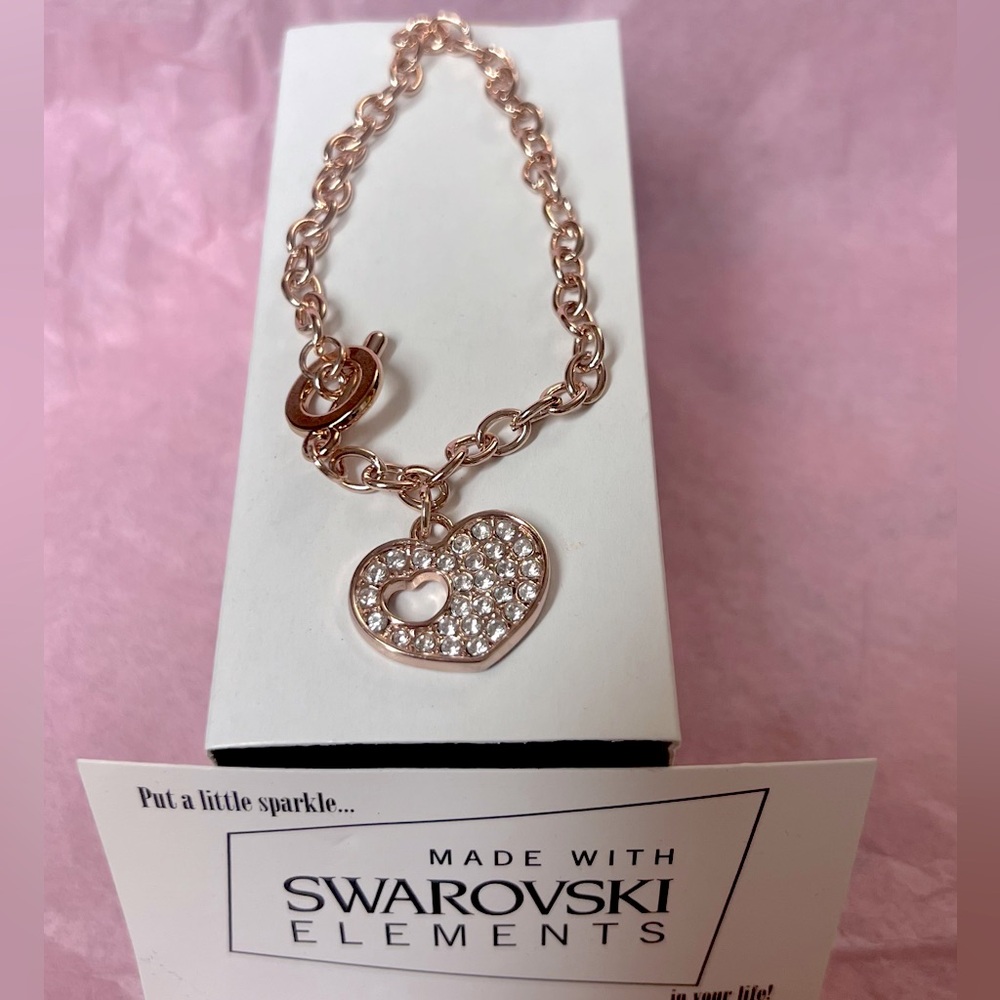 Swarovski Crystal Rose Gold Heart Charm Bracelet NWOT